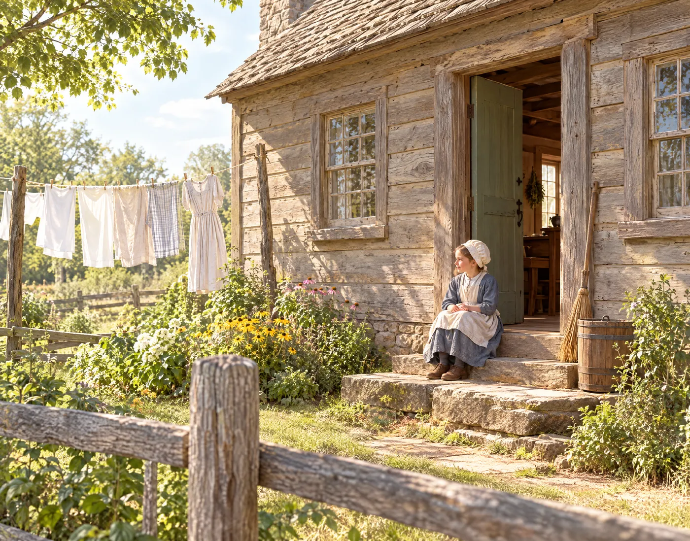 A colonial farmstead in summer, a mother on the doorstep and laundry on the line