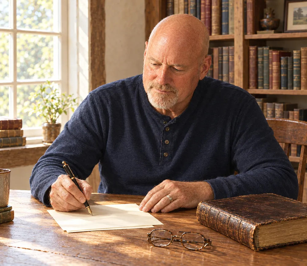 Rusty Thomas writing at his desk