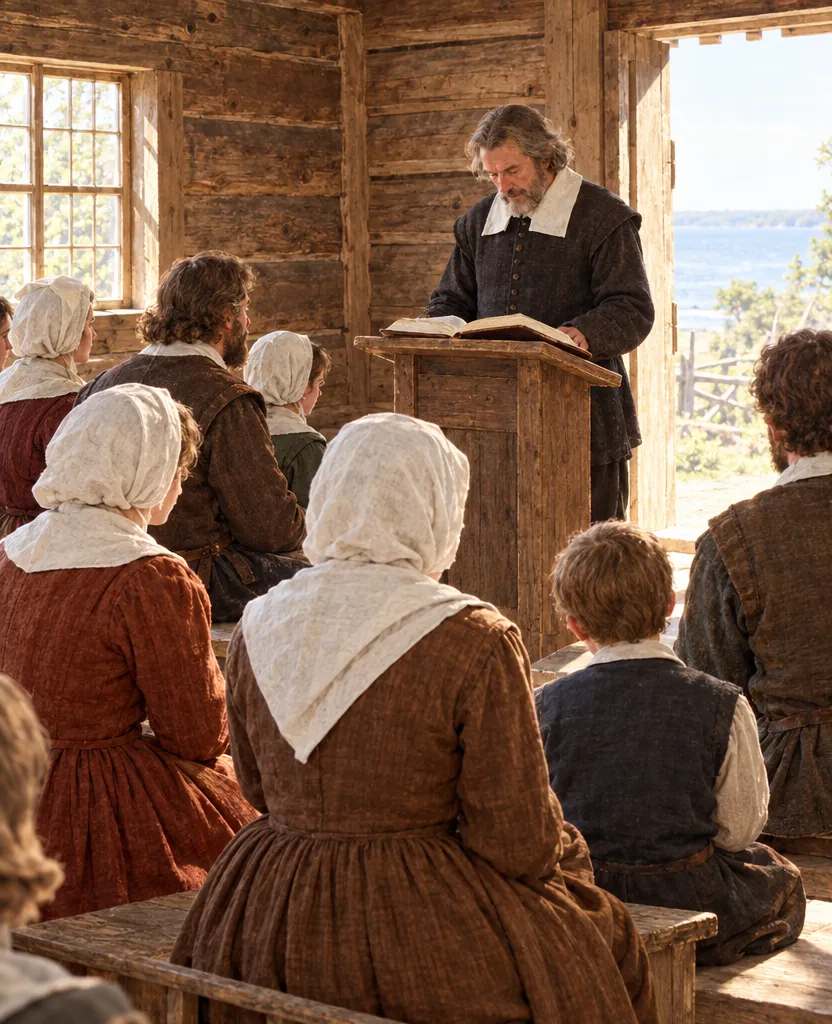 Early settlers listening to a preacher in a simple log meeting house