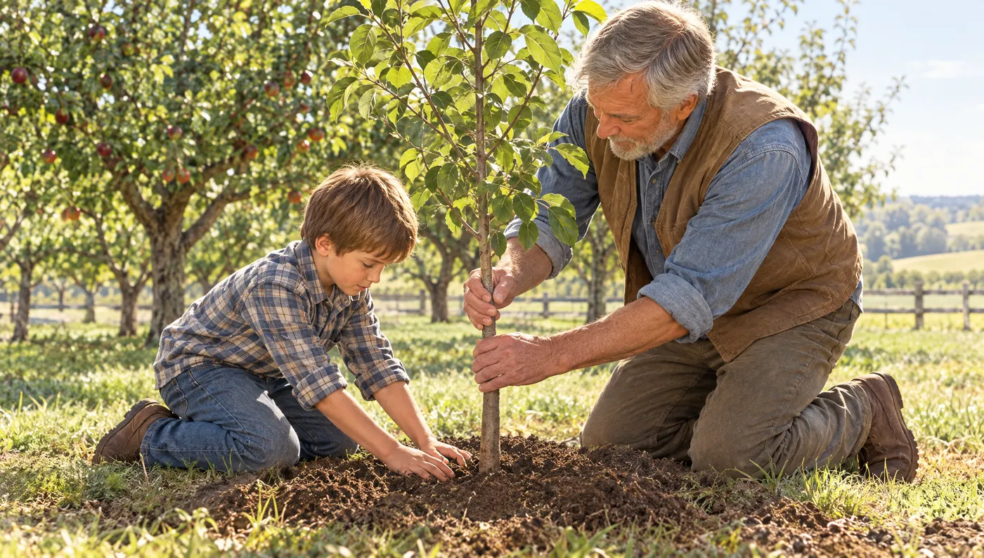 A grandfather and grandson planting a young tree together