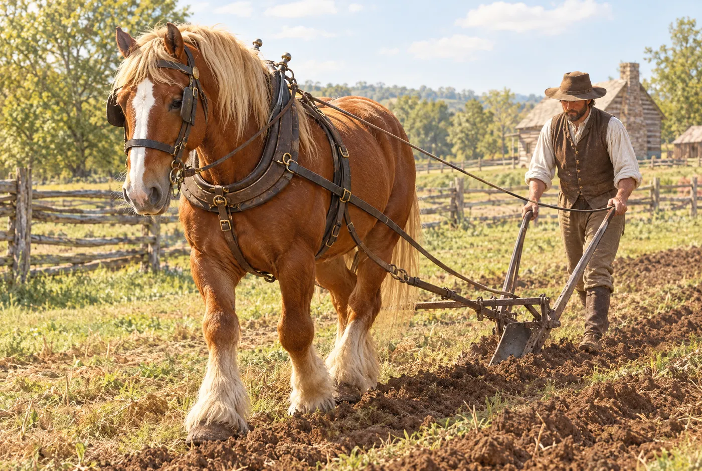 A farmer ploughing his field behind a chestnut draft horse