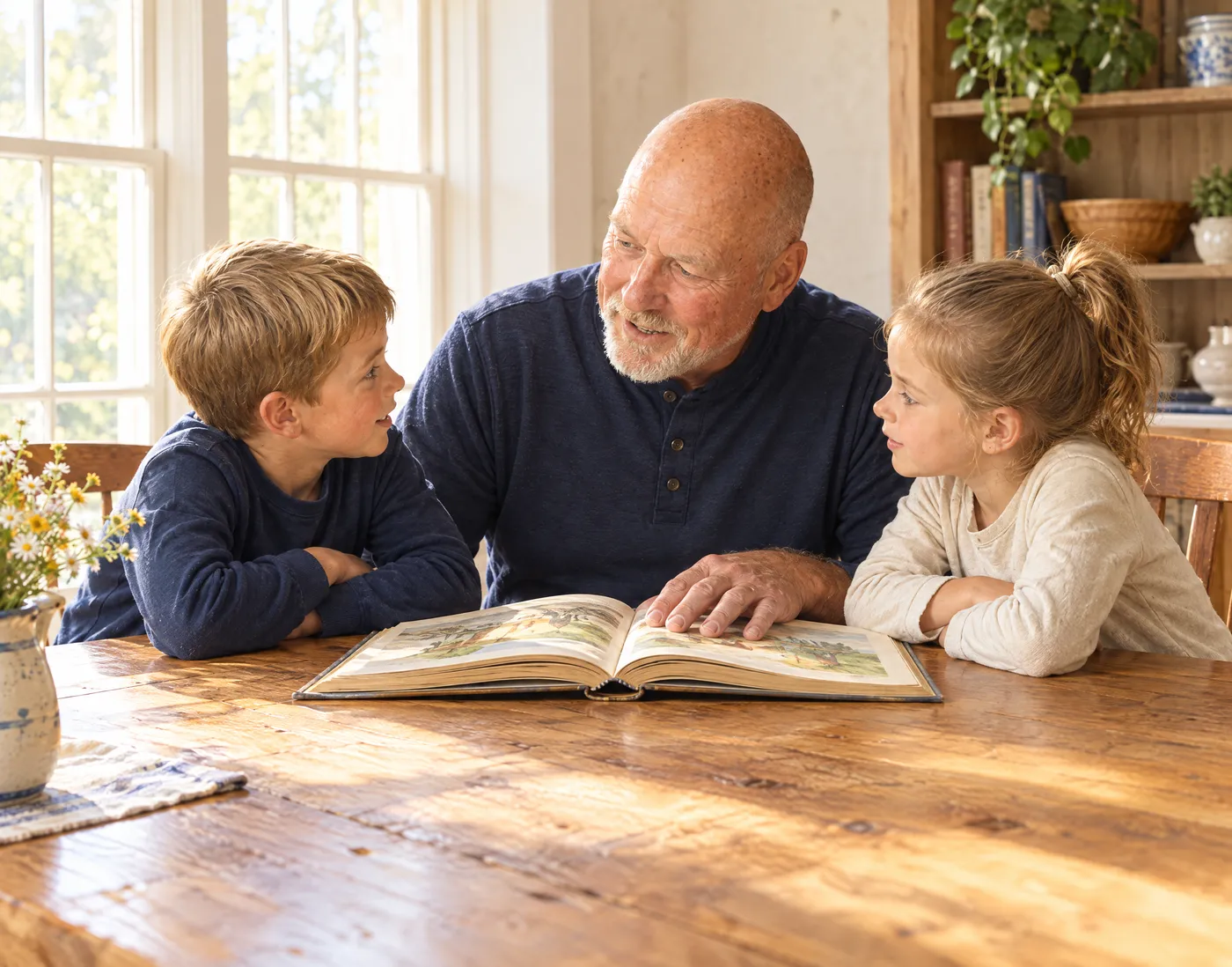 A grandfather reading a picture book with his two grandchildren at a sunny kitchen table