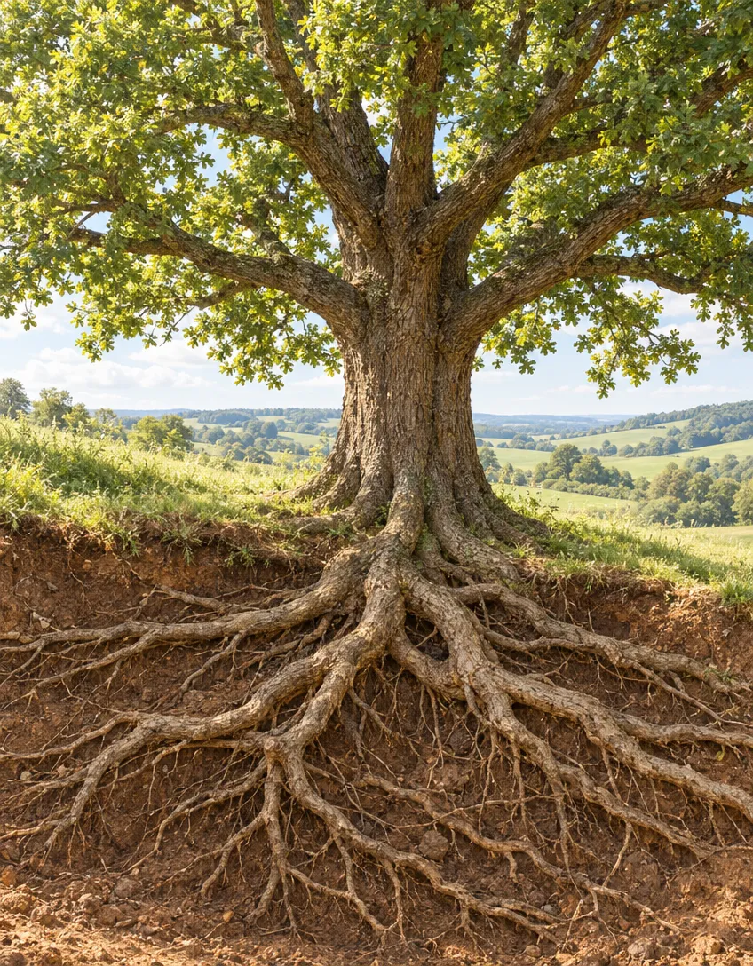 A great oak on a hill with its roots spread deep beneath the ground