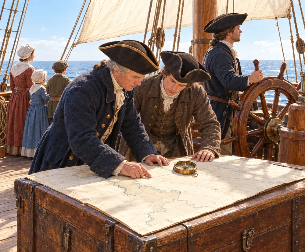 A ship’s captain and crew studying a chart on deck