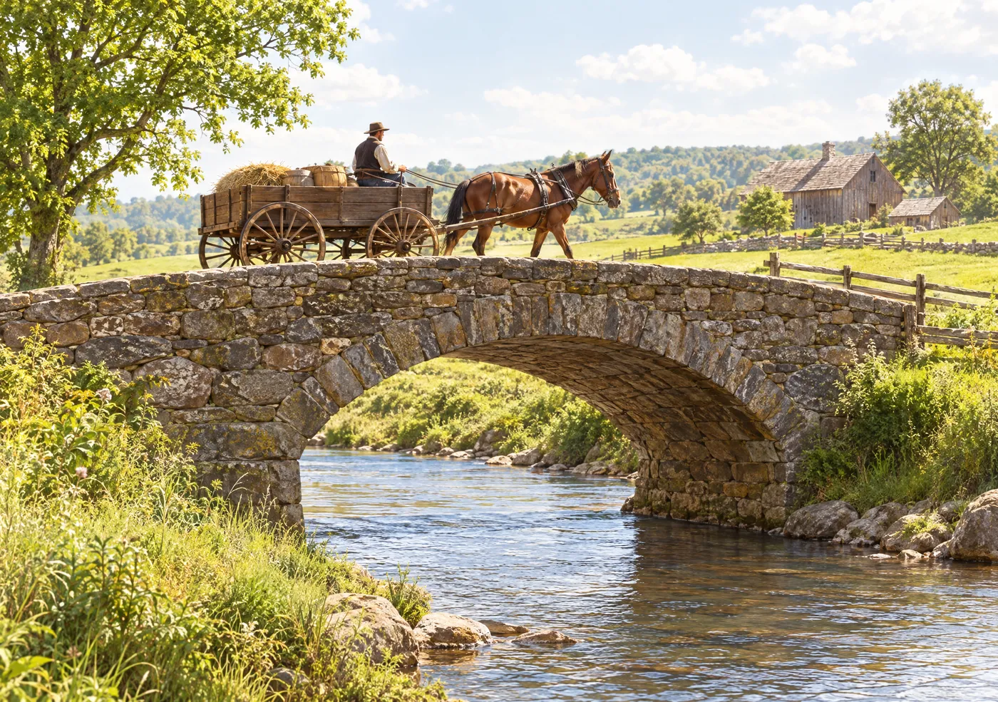 A horse-drawn wagon crossing an old stone bridge over a clear stream