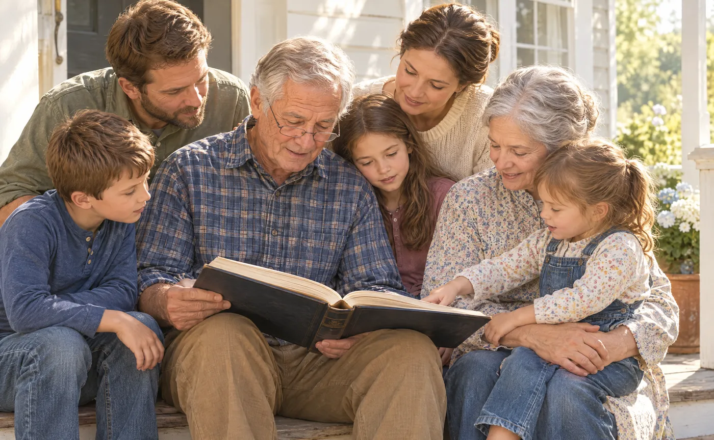 Grandparents, parents and children gathered around a book on the sofa