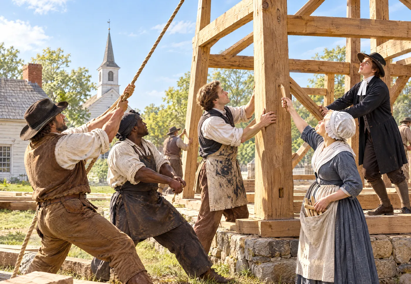 Colonial neighbors raising the timber frame of a new building together