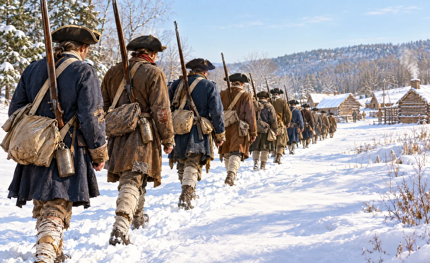 Continental soldiers marching through the snow in winter